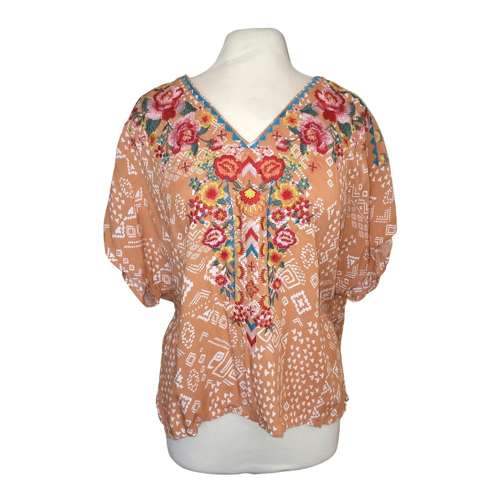 Savanna Jane Peach Aztec Tribal Floral Embroidered Boho Lagenlook Blouse L